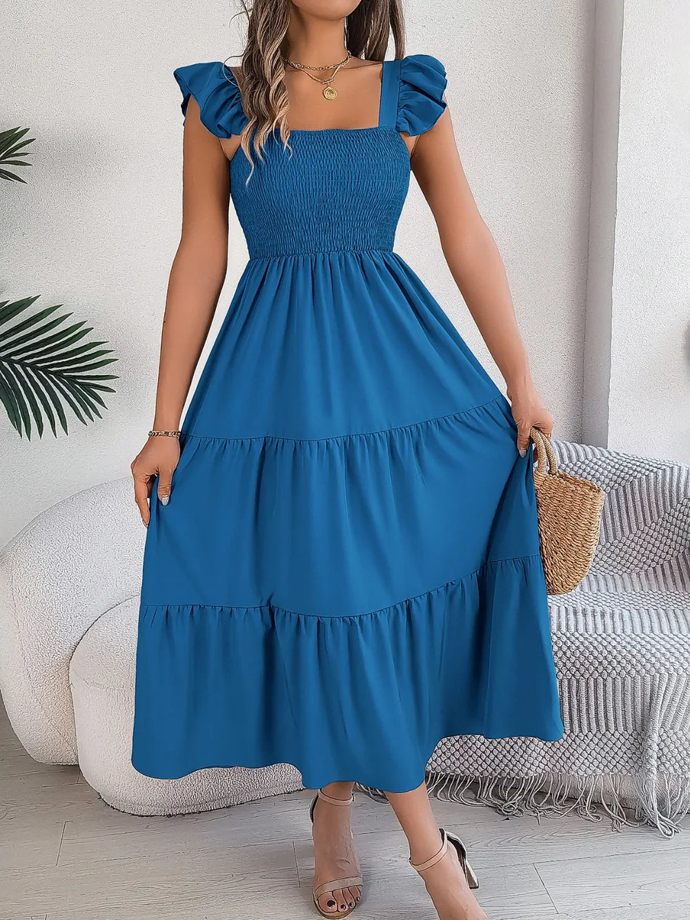 Smocked Square-Neck Cap-Sleeve Midi Dress