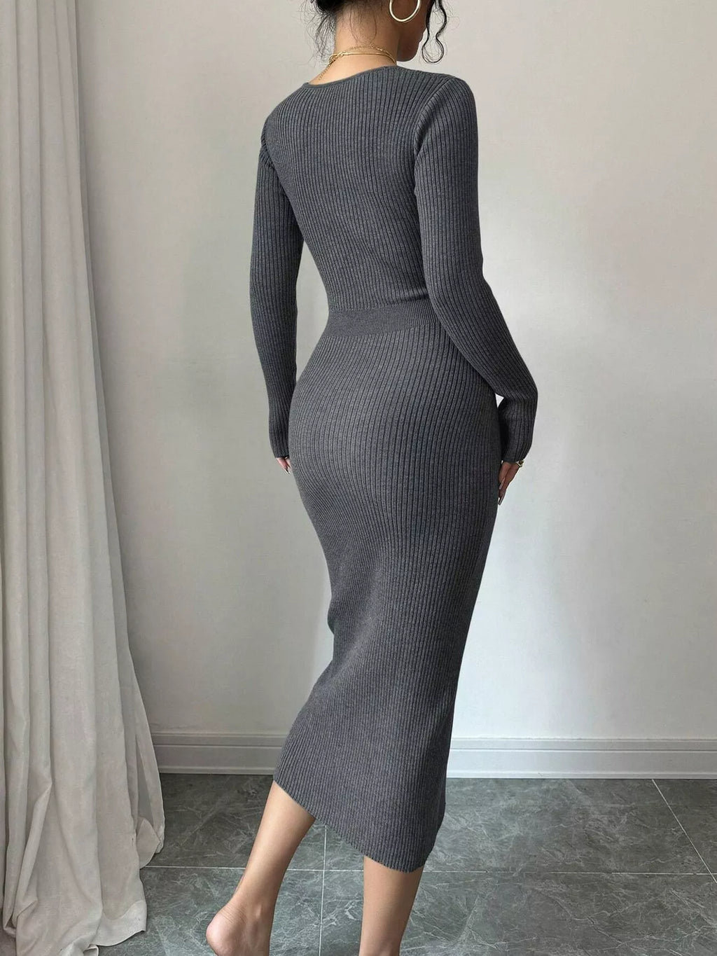 Ribbed Knit Sweater Dress with Decorative Buttons