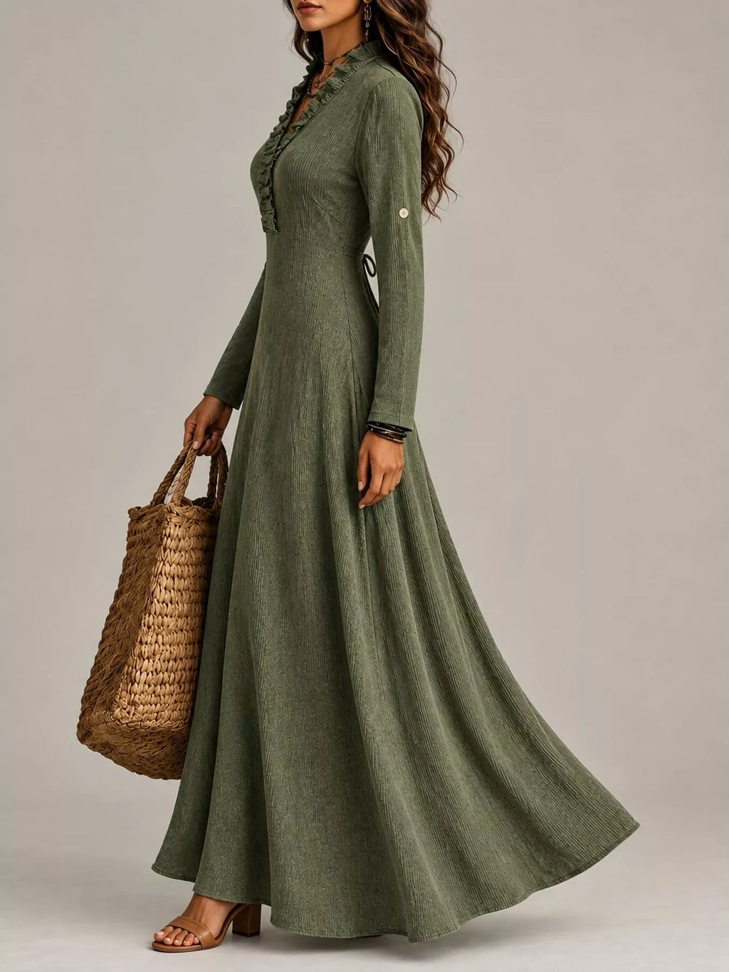 Frill V-Neck Roll-Tab Sleeve Maxi Dress, XS–3XL