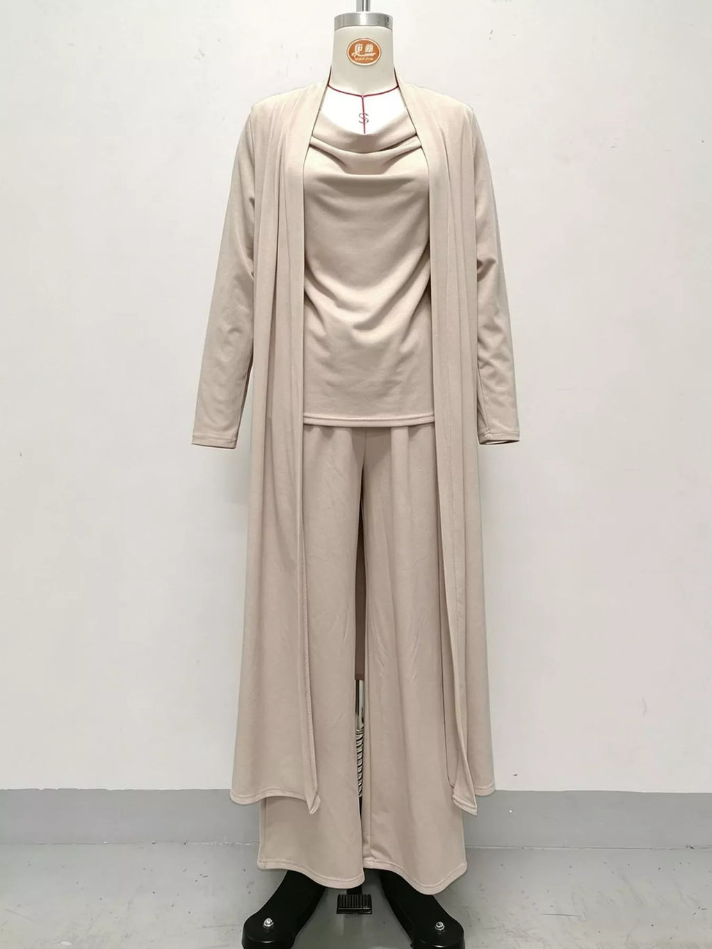 Cowl-Neck Top, Cardigan & Wide-Leg Pants Three-Piece Set