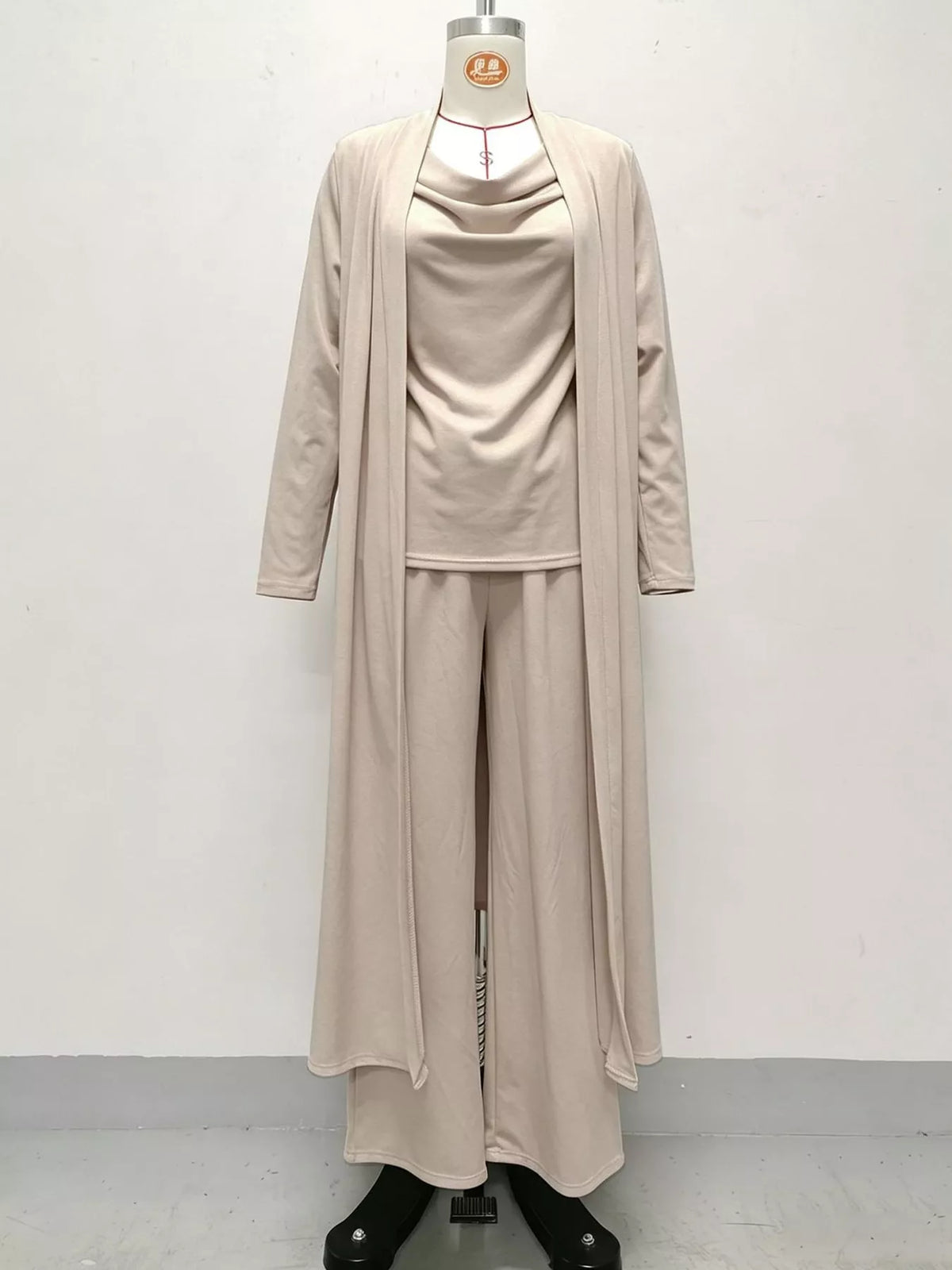 Cowl-Neck Top, Cardigan & Wide-Leg Pants Three-Piece Set