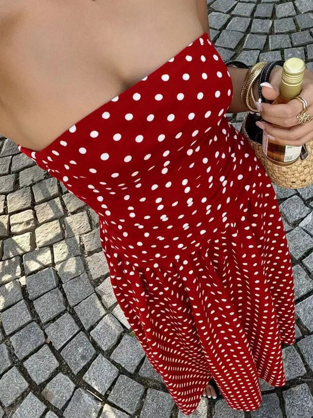 Strapless Polka-Dot Ruched Maxi Dress, S–2XL