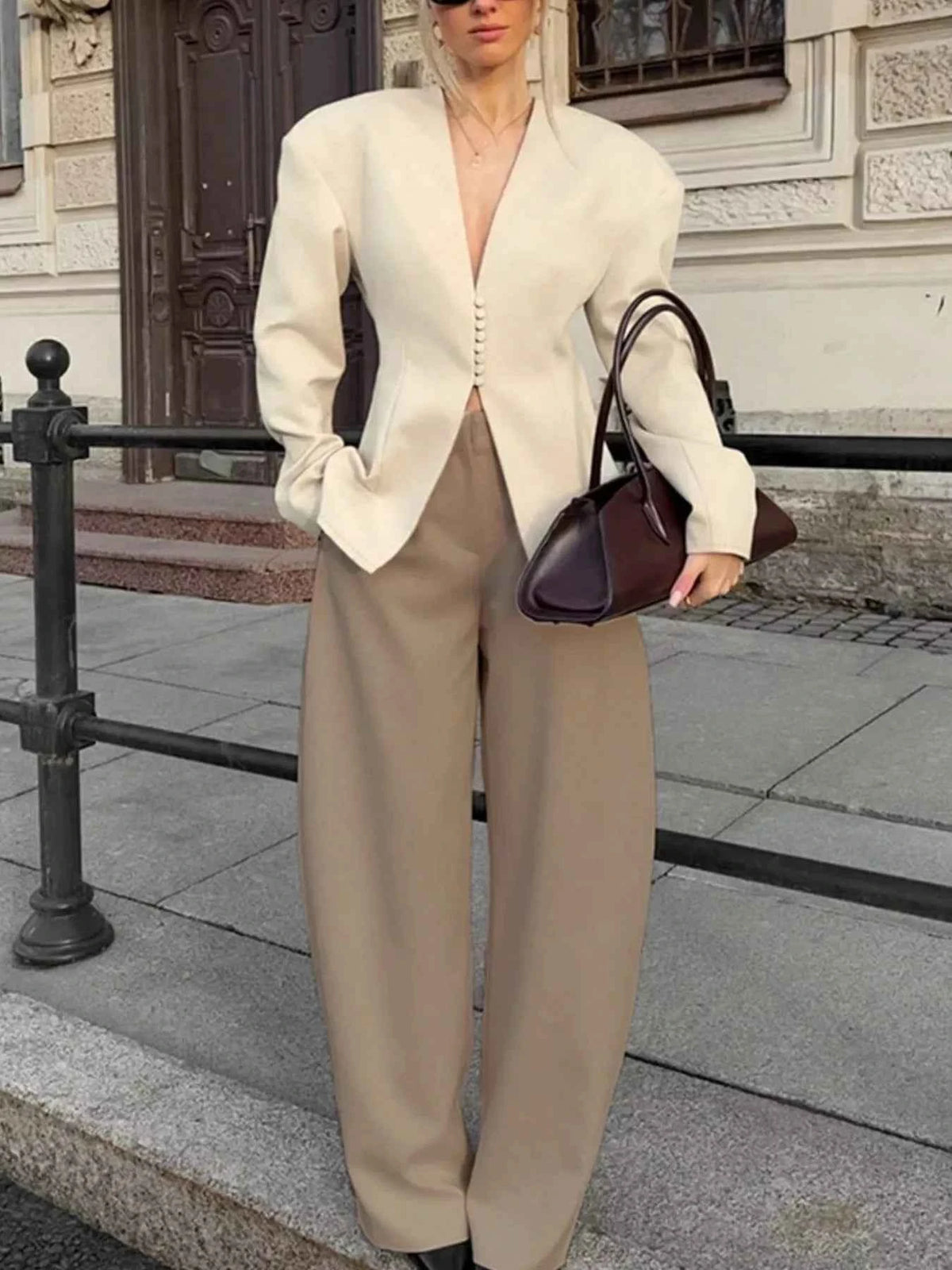 Beige Unlined V-Neck Button-Front Blazer