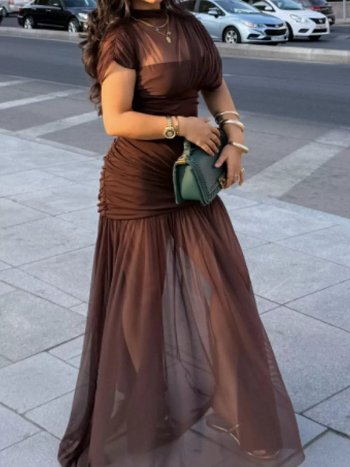 Mock-Neck Ruched Sheer Mesh Maxi Dress