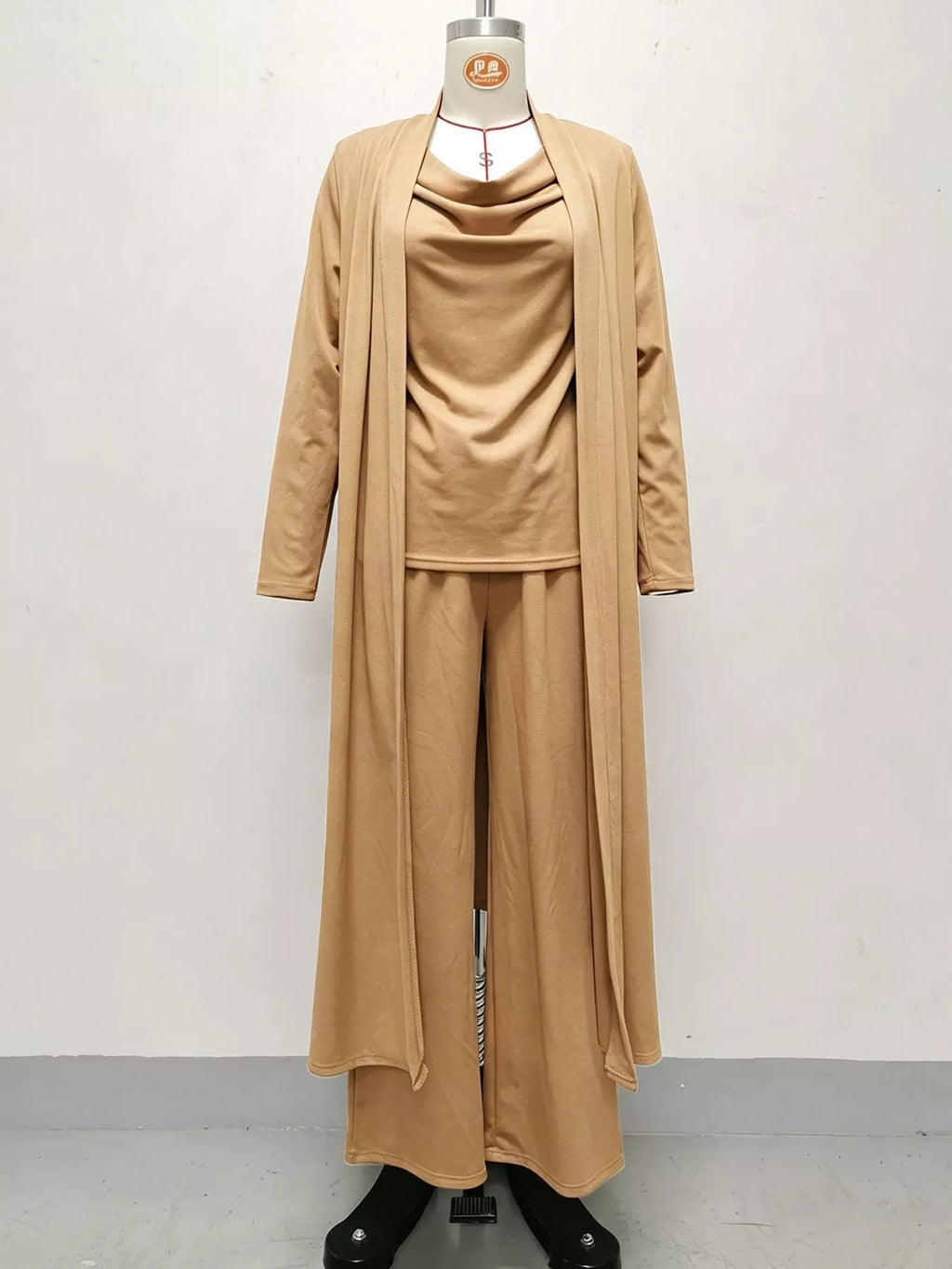 Cowl-Neck Top, Cardigan & Wide-Leg Pants Three-Piece Set
