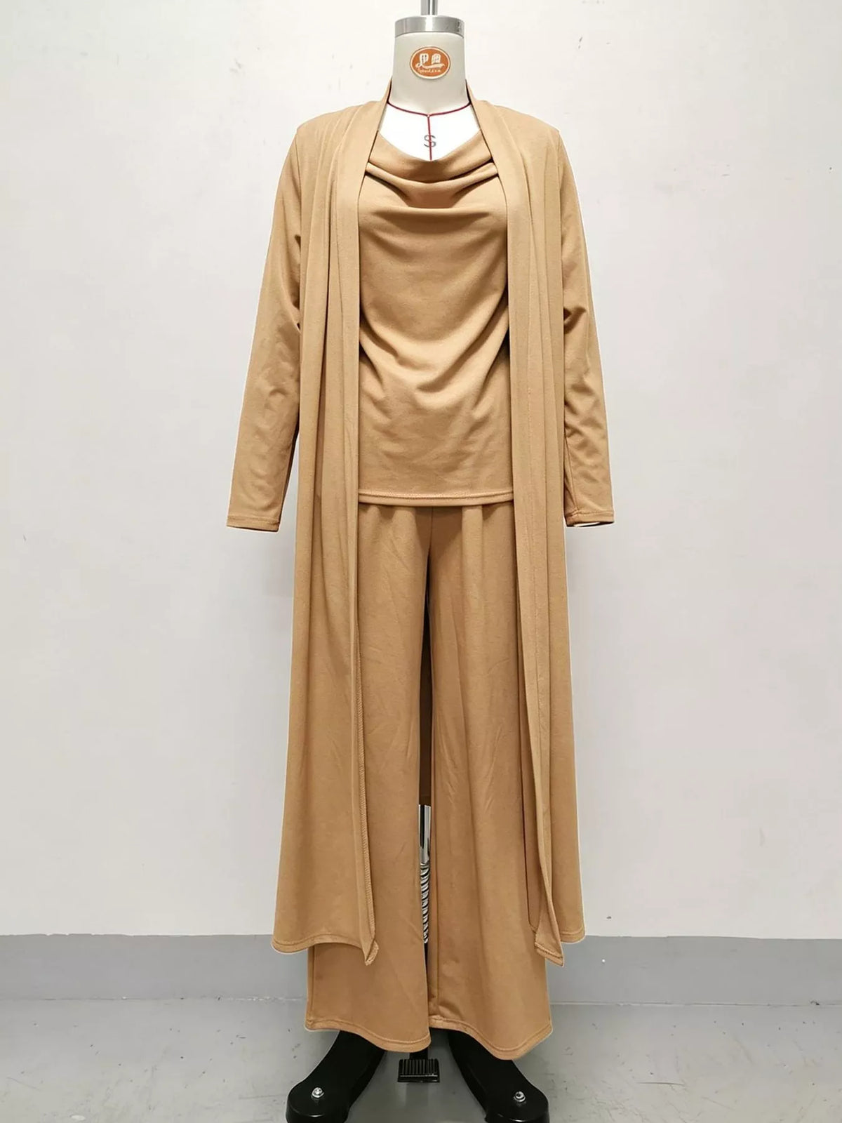 Cowl-Neck Top, Cardigan & Wide-Leg Pants Three-Piece Set
