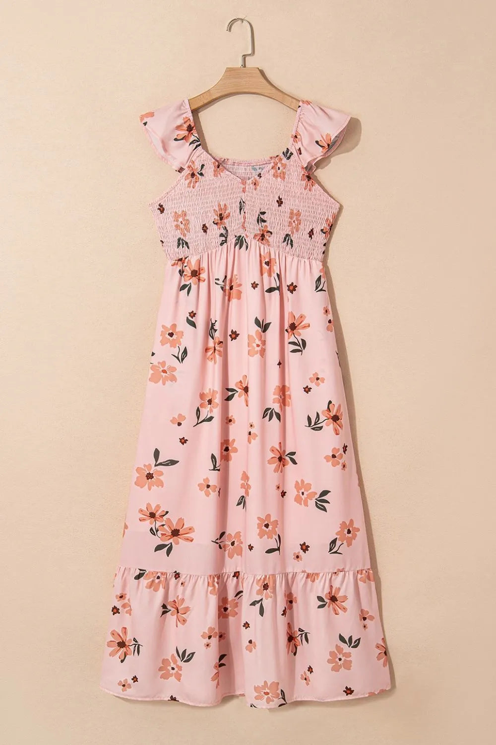 Floral Smocked Ruffle-Cap-Sleeve Maxi Dress
