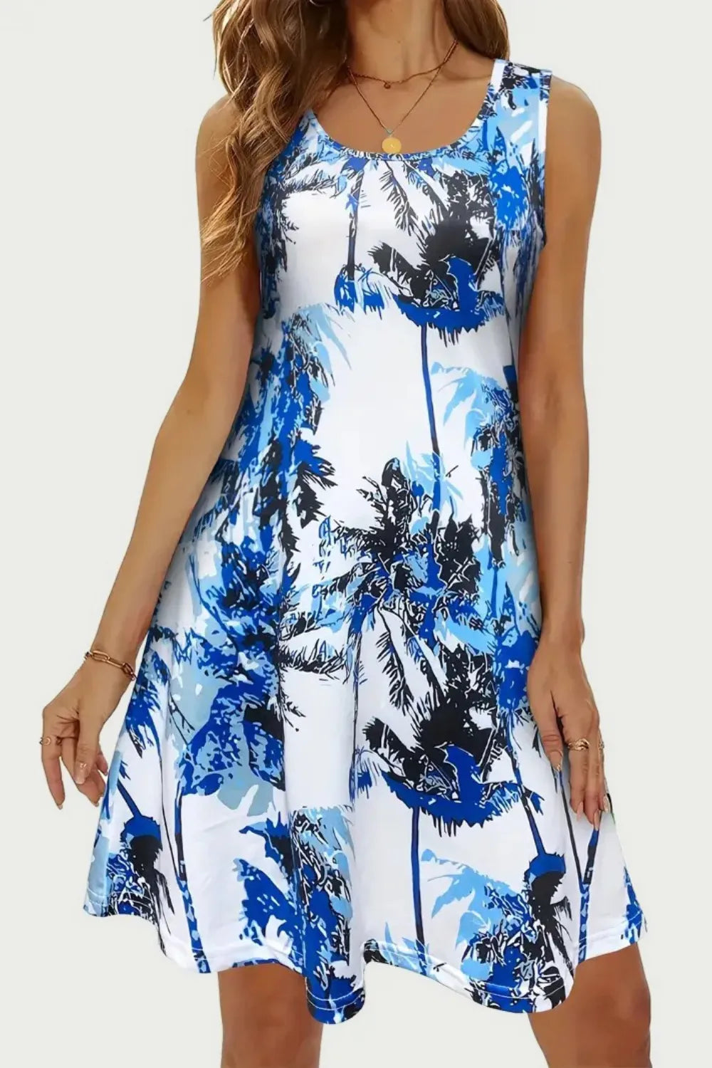 Printed Scoop-Neck Wide-Strap Mini Dress