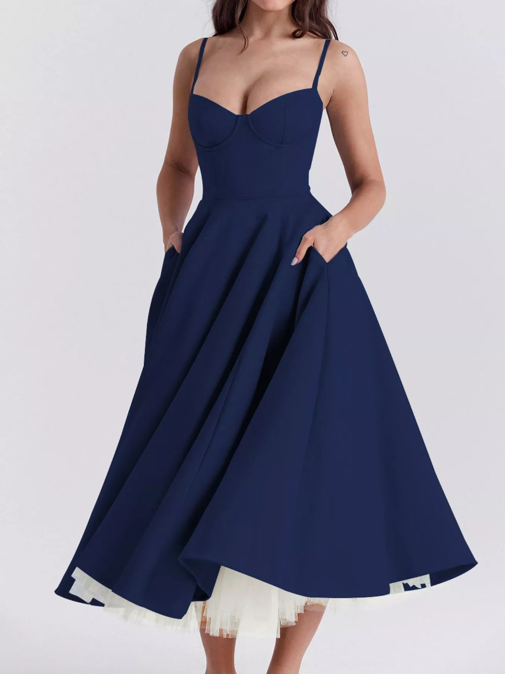 Sweetheart-Neck Pocketed A-Line Midi Dress