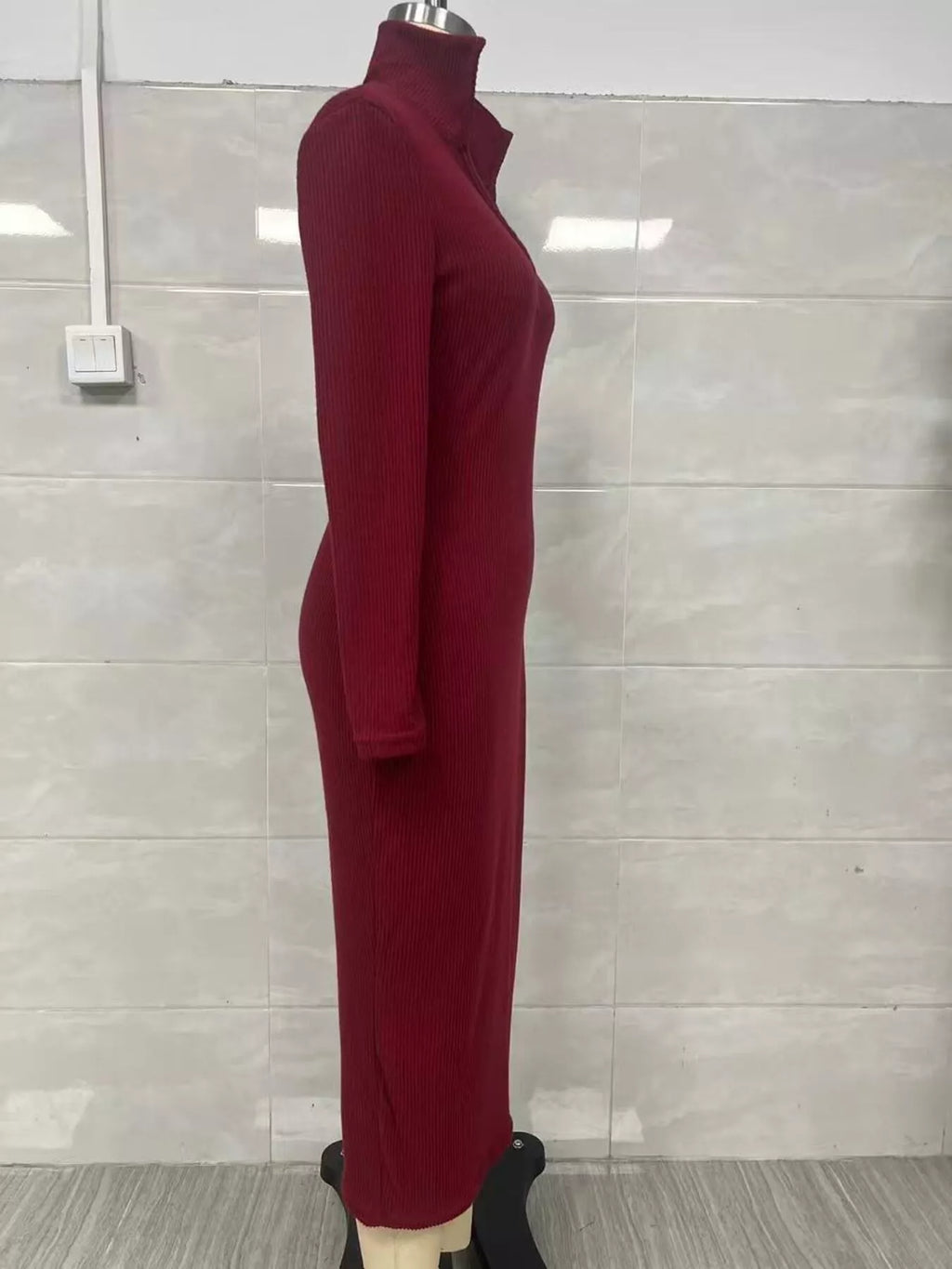 Ribbed V-Neck Long-Sleeve Sweater Midi Dress