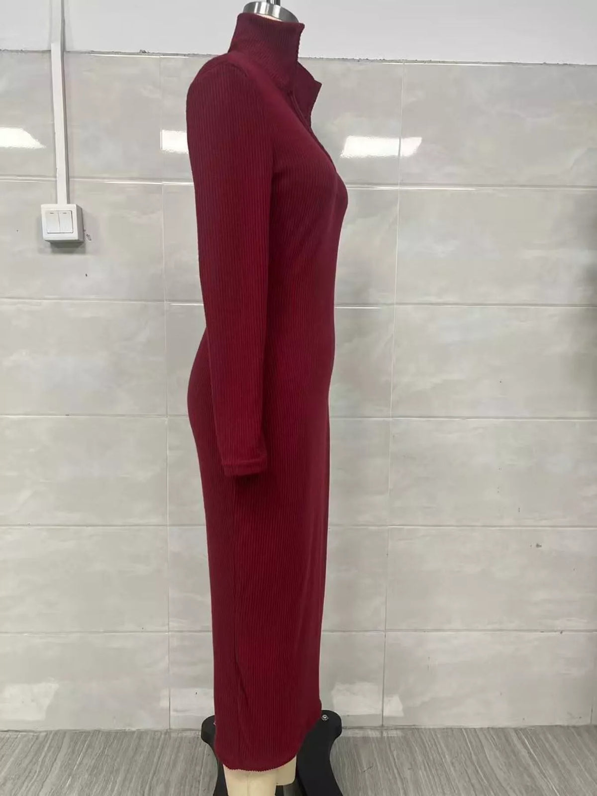 Ribbed V-Neck Long-Sleeve Sweater Midi Dress