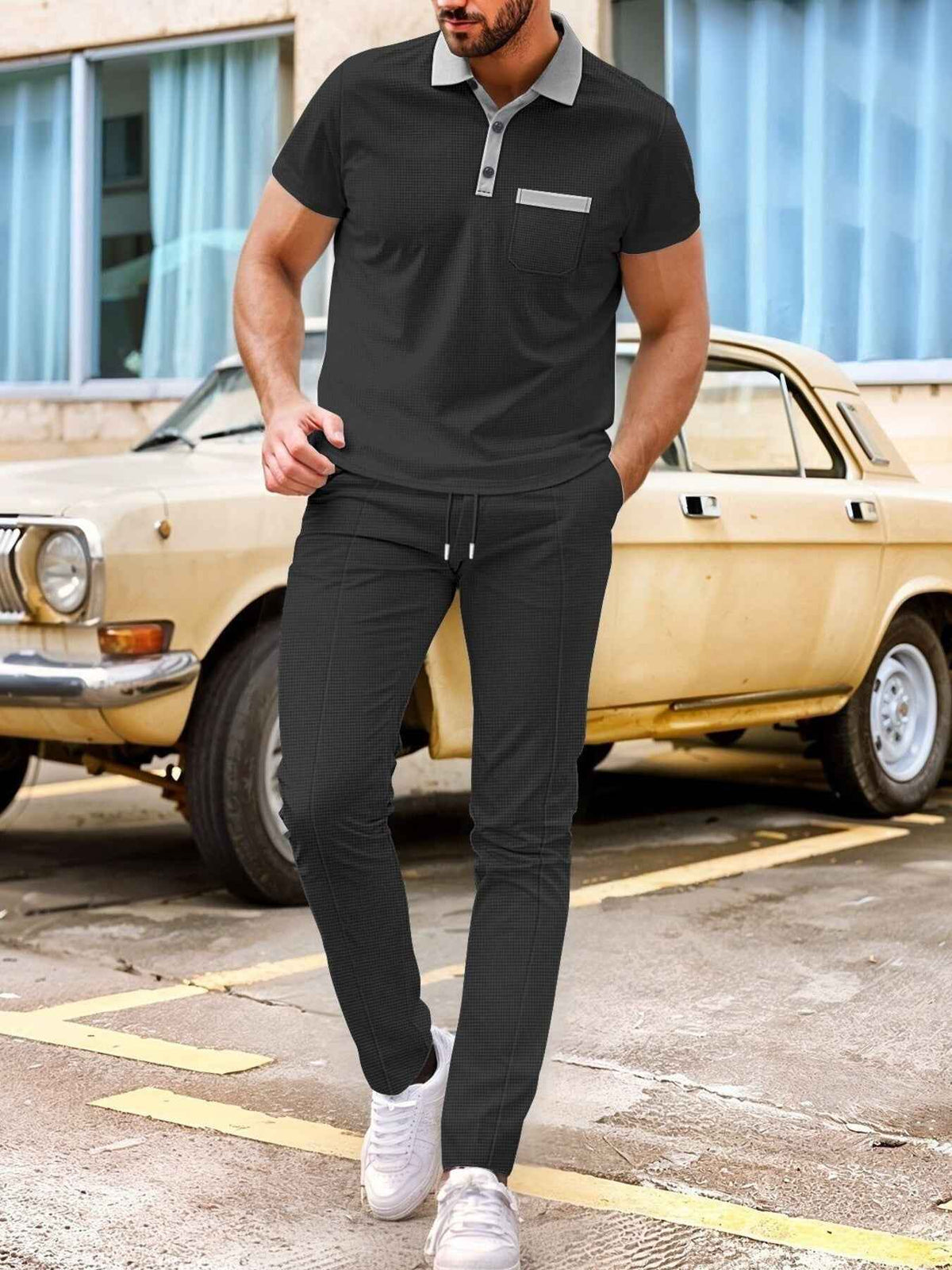 Men’s Contrast-Trim Polo & Drawstring Pants Set