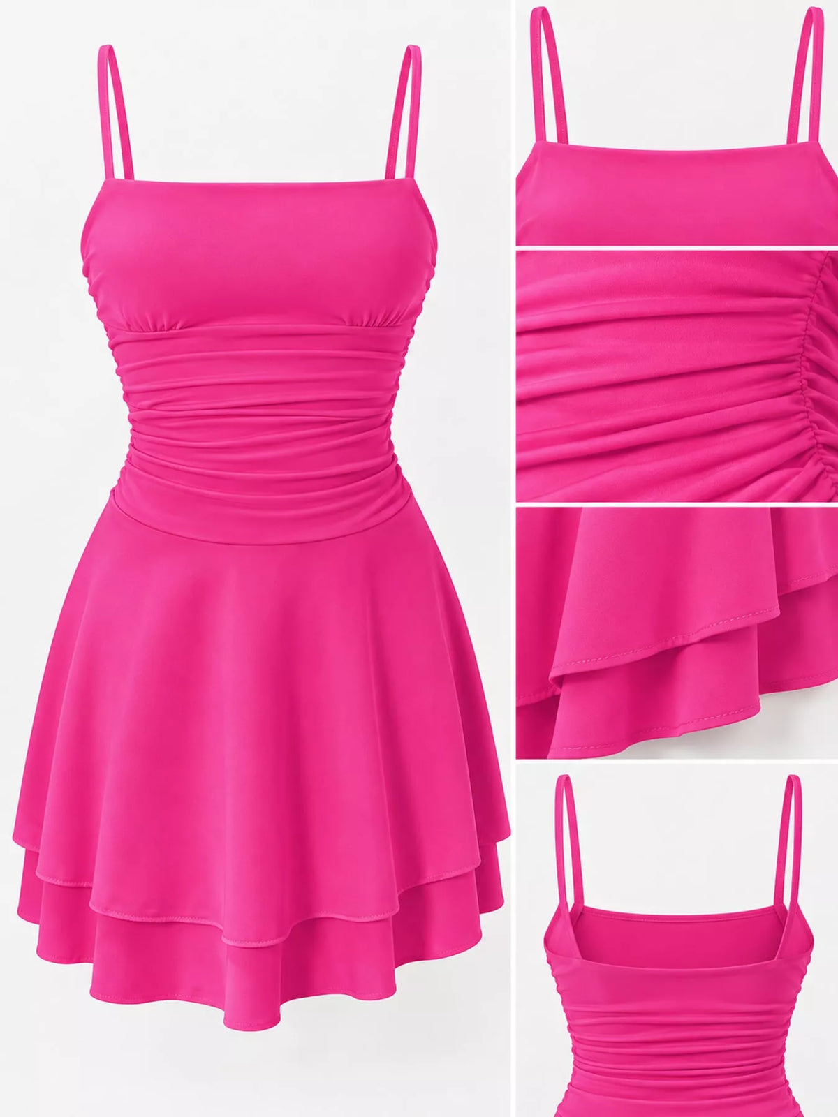 Ruched Spaghetti-Strap Layered Mini Dress