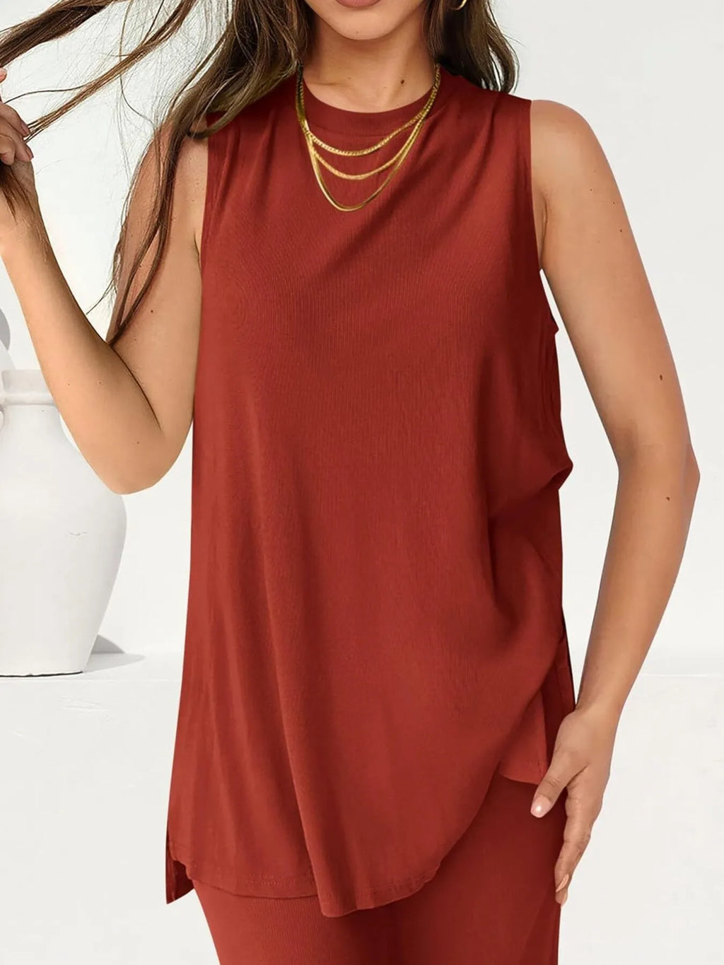 Round-Neck Longline Tank & Wide-Leg Pants Set