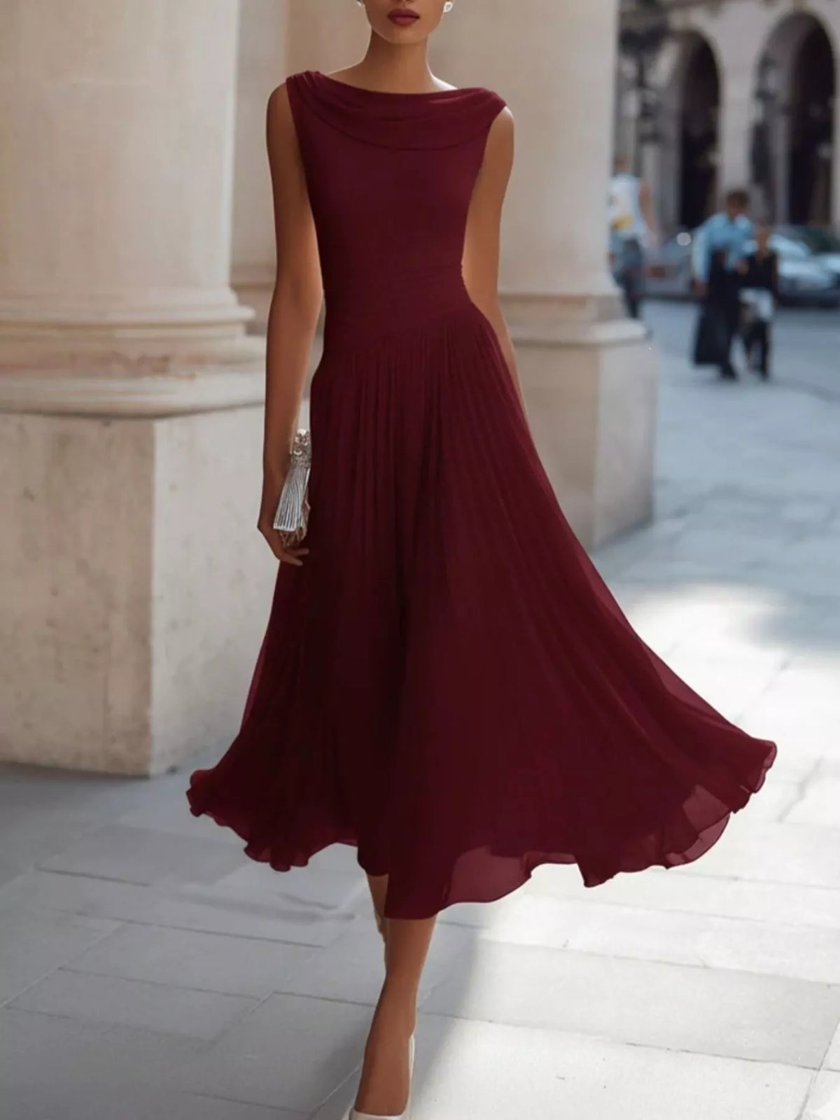 Draped-Neck Sleeveless Flared Midi Dress, S–3XL