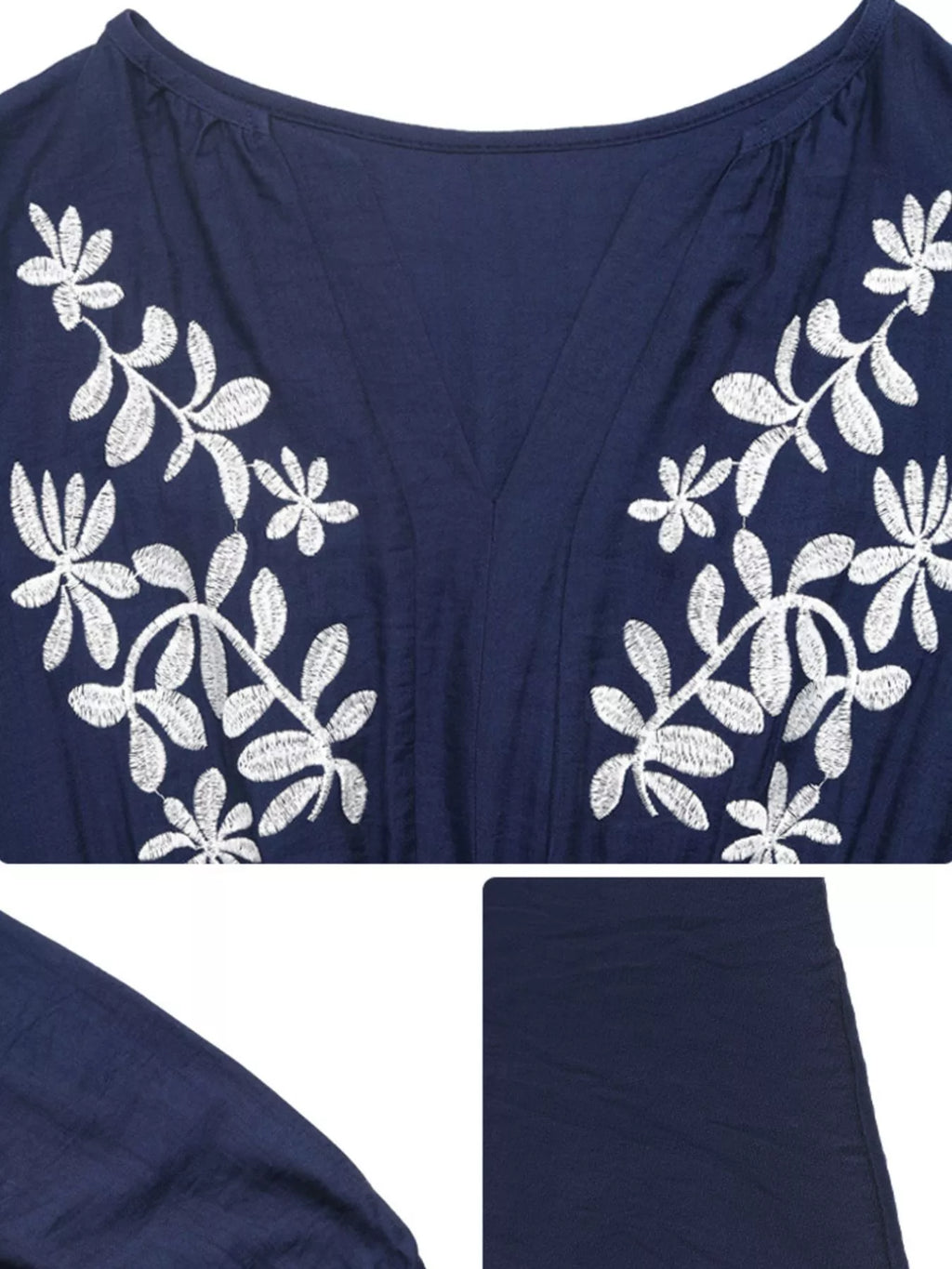 Navy Embroidered Notched-Neck Long-Sleeve Midi Dress
