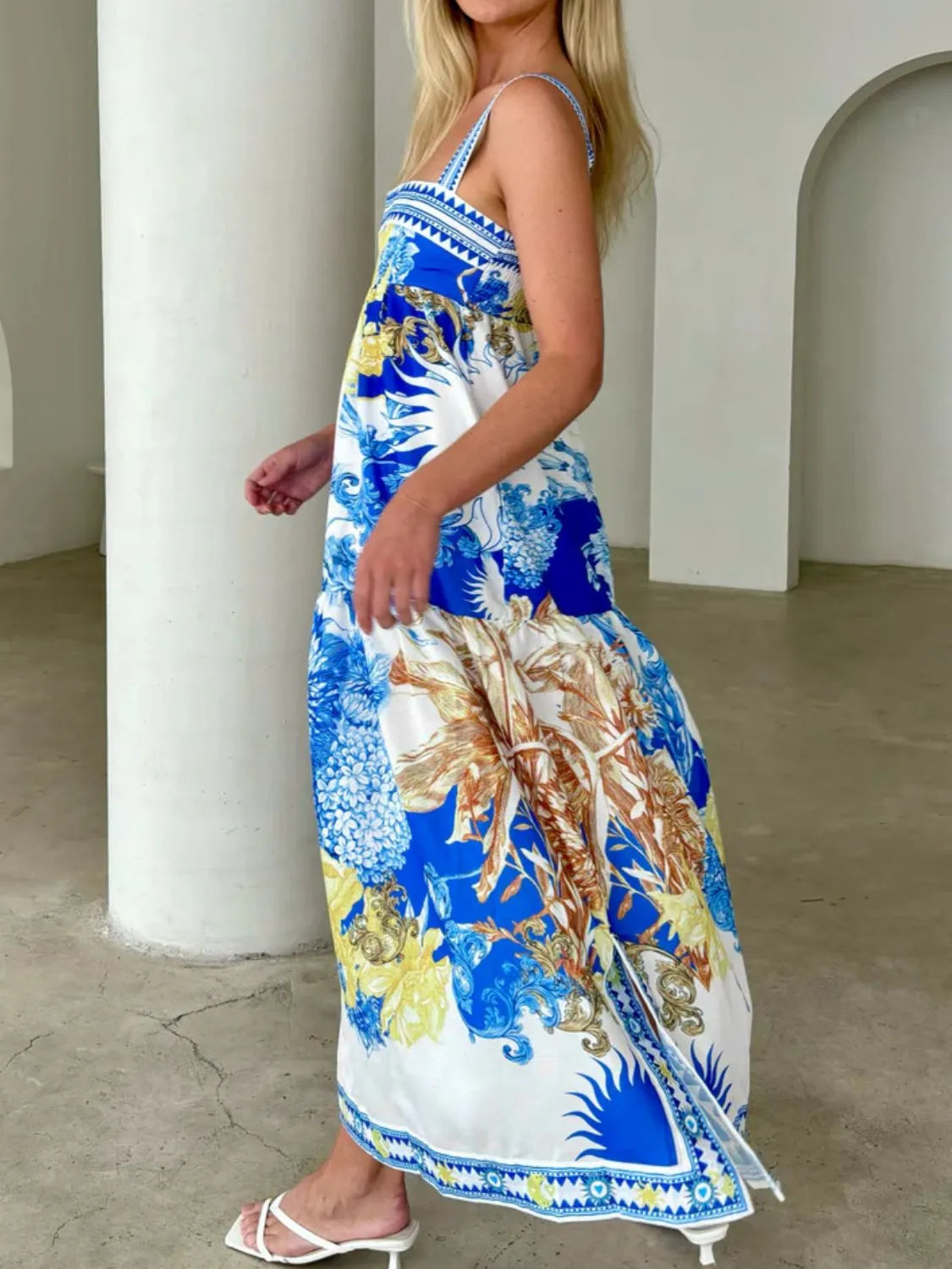 Blue Printed Sleeveless Cami Maxi Dress with Pockets