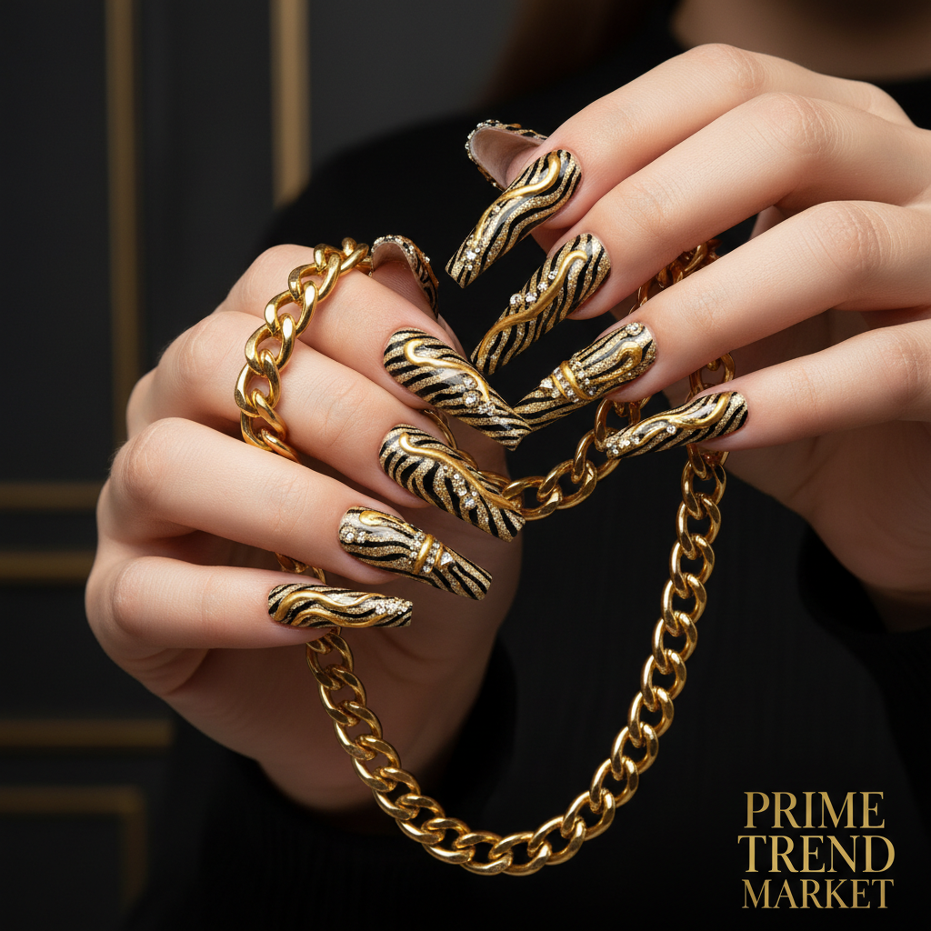 Diamond Zebra Press On Nails – Extra Long Stiletto, 3D Hand-Painted Glitter Gold UV Finish — Prime Trend Market