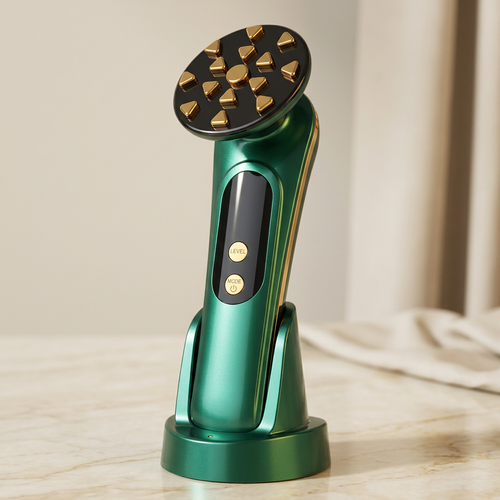 Green-and-gold beauty wand in its charging stand