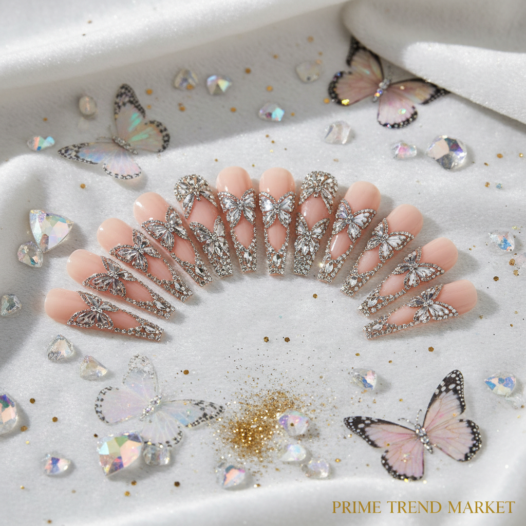 Diamond Butterfly Press-On Nails – 24 PCS Long Square Head Shape | Rhinestone Crystal Glam — Prime Trend Market