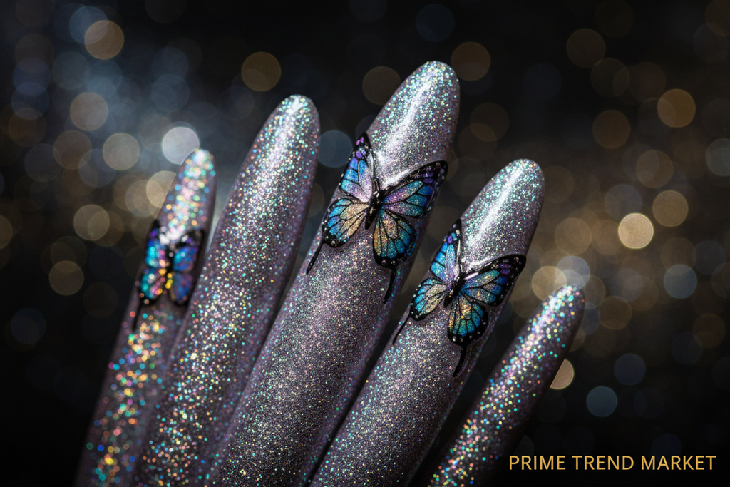 Glitter Butterfly Press On Nails — 24 PCS Long Square Sparkle Fake Nails | Glitter Powder Nail Art — Prime Trend Market