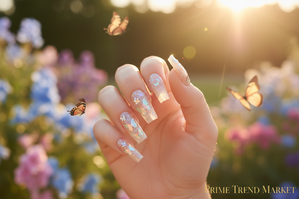 Glitter Butterfly Press On Nails — 24 PCS Long Square Sparkle Fake Nails | Glitter Powder Nail Art — Prime Trend Market