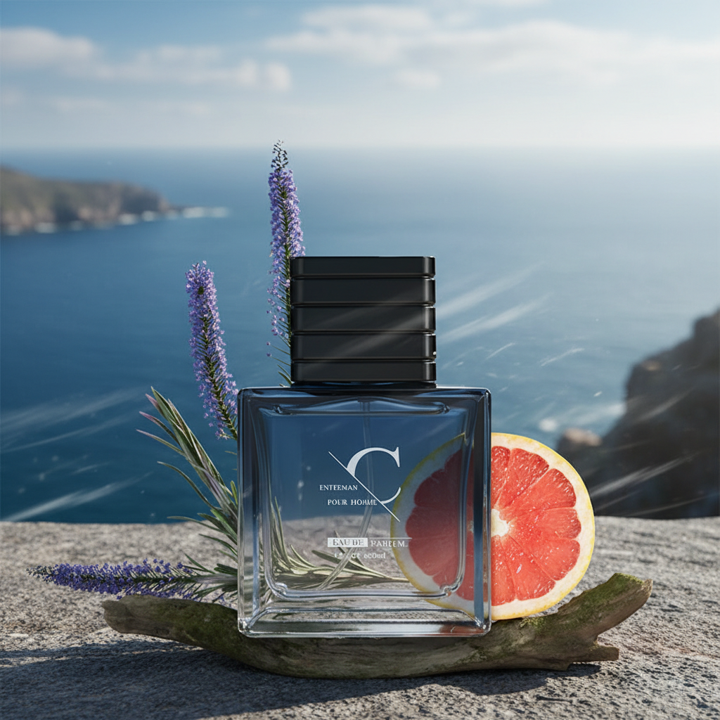 Classic Aromatic Cologne Spray 50ml on stone ledge with ocean view, fresh sea breeze cinematic photography