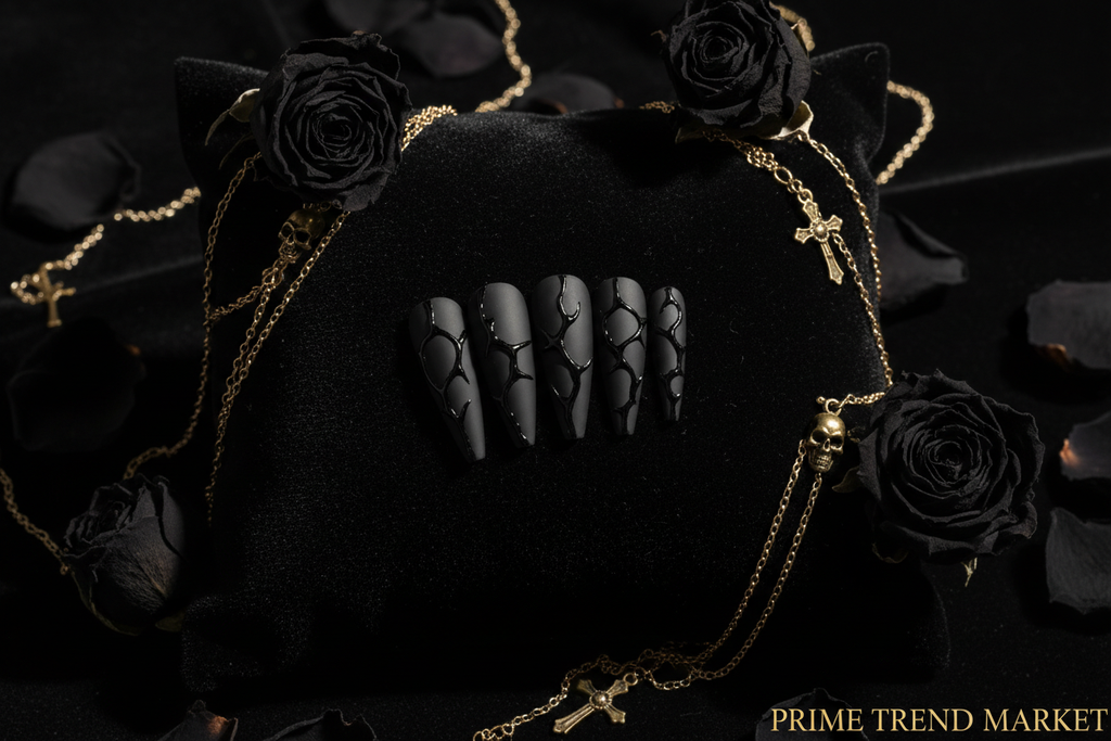 Dark Vine Black Press-On Nails — Gothic Wearable Fake Nails | Jelly Glue Included — Prime Trend Market