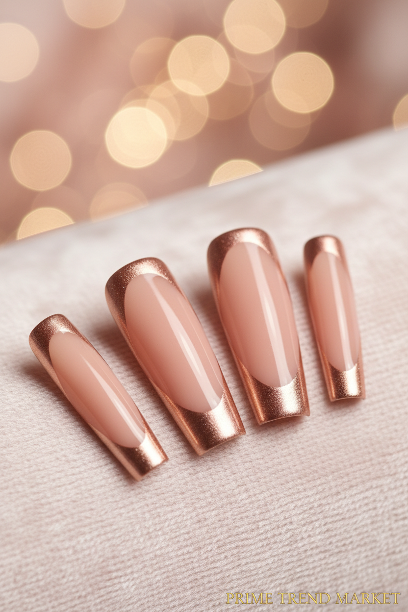 Rose Gold French Ballet Press-On Nails — Beveled Edge Long Fake Nails | Boxed Set — Prime Trend Market