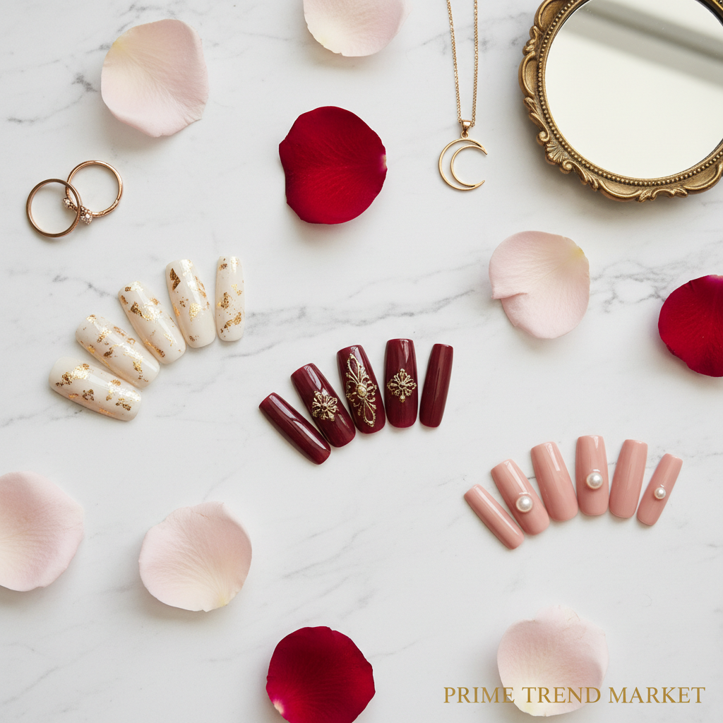 3-Style Nail Wardrobe — Wine Red Heart + Rhinestone Crystal + Gilded Whisper Press-On Nails — Prime Trend Market