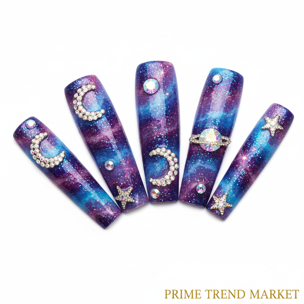 Planet Diamond Star Press-On Nails – 24 PCS Long Square | Celestial Galaxy Nail Art with Rhinestones — Prime Trend Market