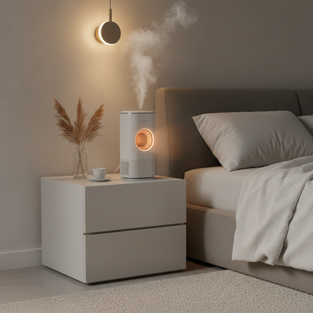 Portable space heater and humidifier on modern bedroom nightstand