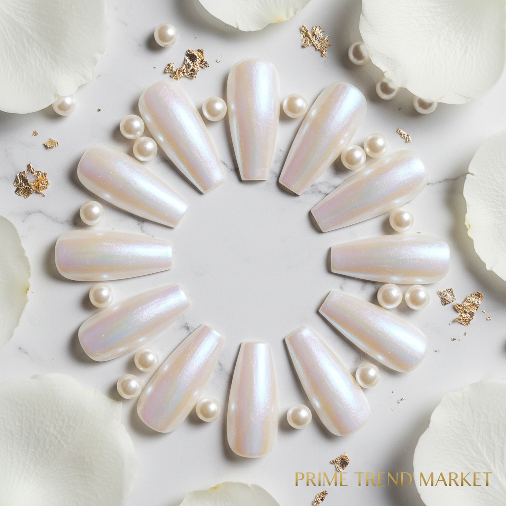Aurora White Press-On Nails – 24 PCS Long Water Pipe Shape | Pearlescent Bridal Finish — Prime Trend Market