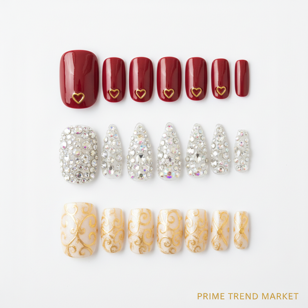 3-Style Nail Wardrobe — Wine Red Heart + Rhinestone Crystal + Gilded Whisper Press-On Nails — Prime Trend Market