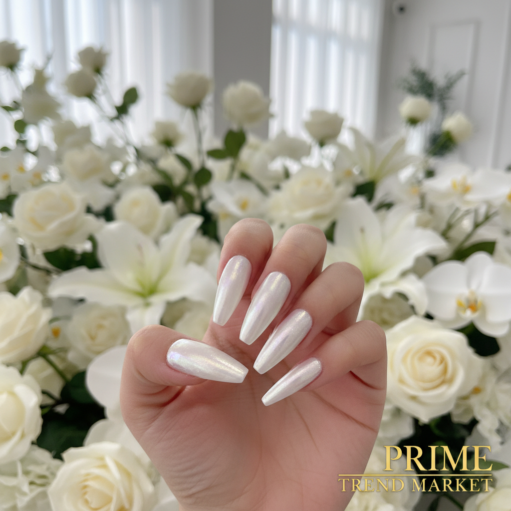 Aurora White Press-On Nails – 24 PCS Long Water Pipe Shape | Pearlescent Bridal Finish — Prime Trend Market
