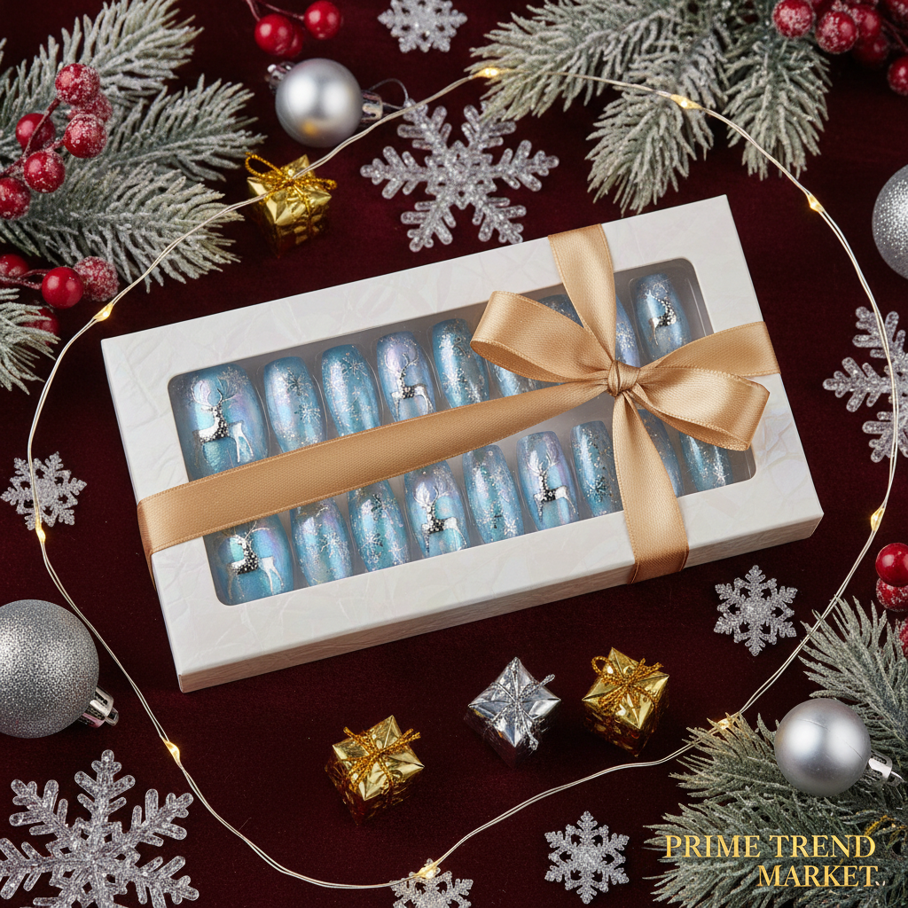 Diamond Deer Snowflake Press-On Nails – 24 PCS Long Square | Holiday Nail Art with Crystal Rhinestones — Prime Trend Market