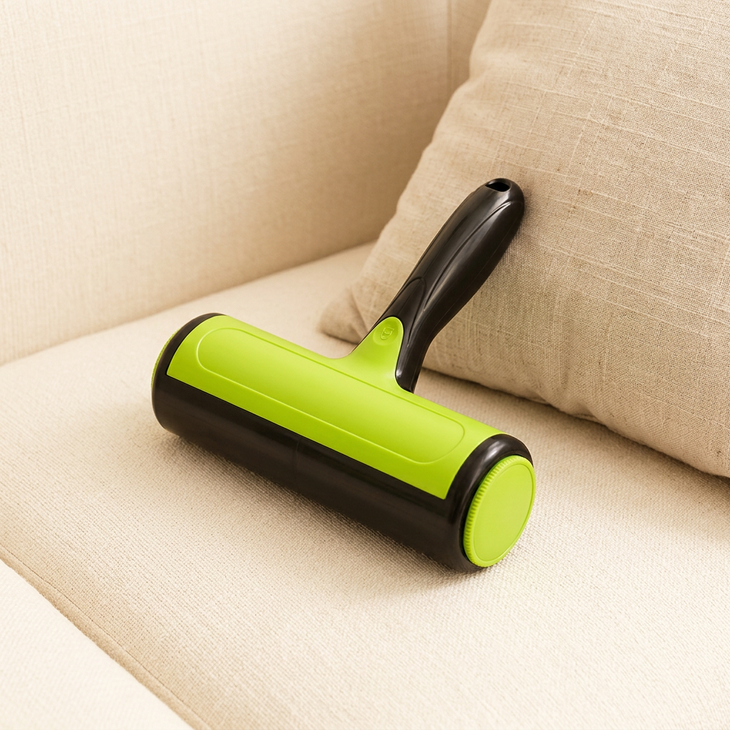 Green and black two-way pet lint roller resting on a cream sofa beside a cushion