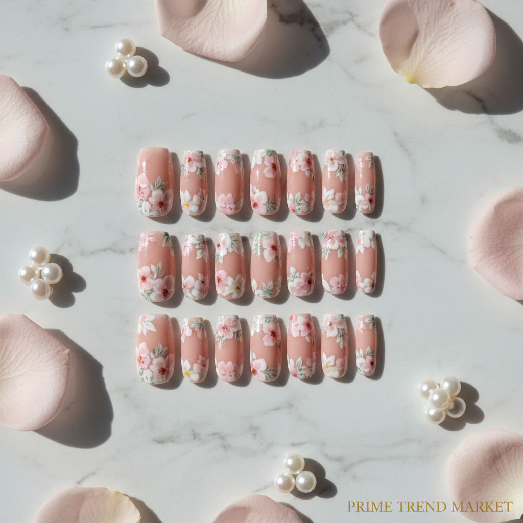 Flat Flower Press-On Nails – 24 PCS Long Square | Floral Nail Art for Everyday & Bridal Glam — Prime Trend Market