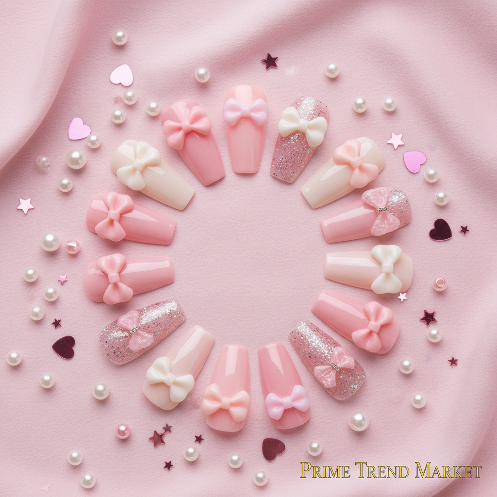 Bow Nail Art Press-On Nails – 24 PCS Long Square Head Shape | Cute Y2K Ribbon Design — Prime Trend Market
