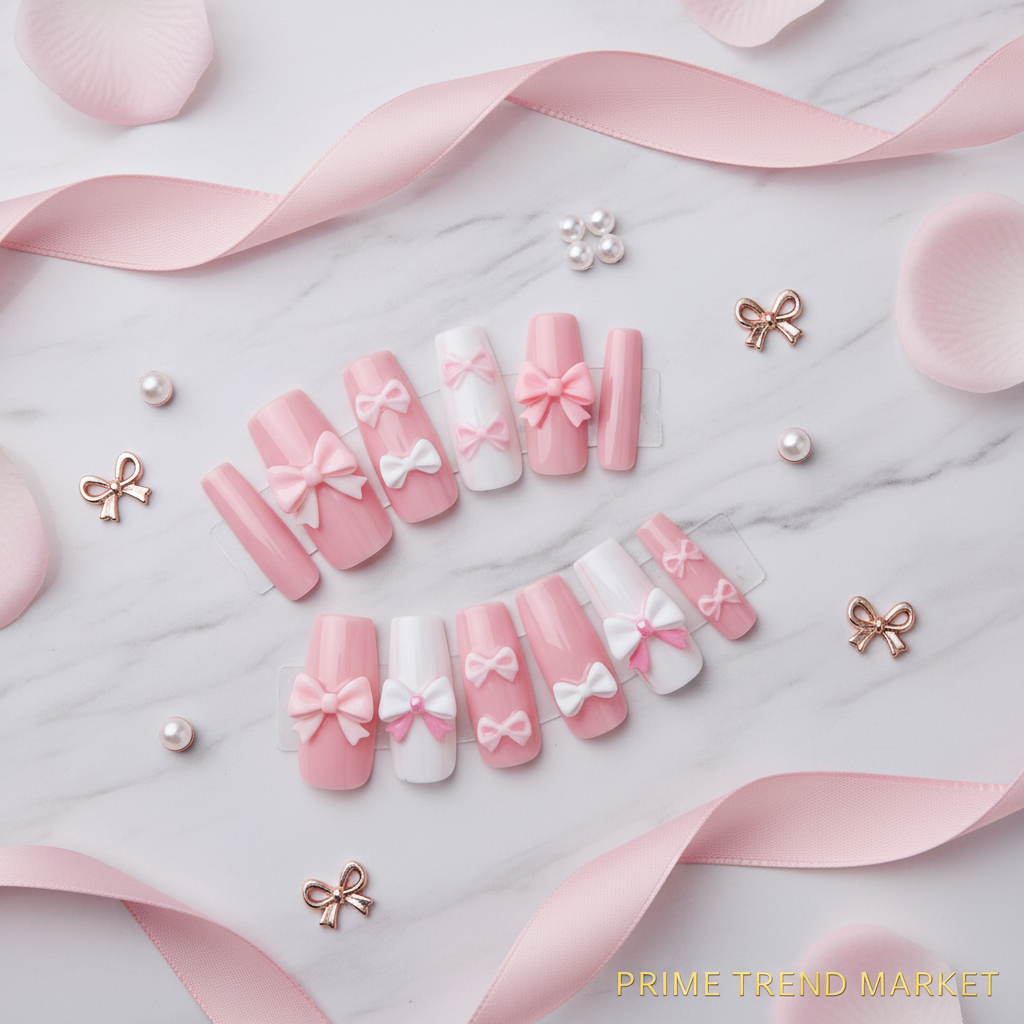 Bow Nail Art Press-On Nails – 24 PCS Long Square Head Shape | Cute Y2K Ribbon Design — Prime Trend Market