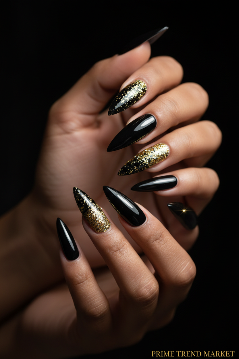 Black Gold Glitter Pointed Press-On Nails — Luxury Stiletto Fake Nails | 24pcs — Prime Trend Market