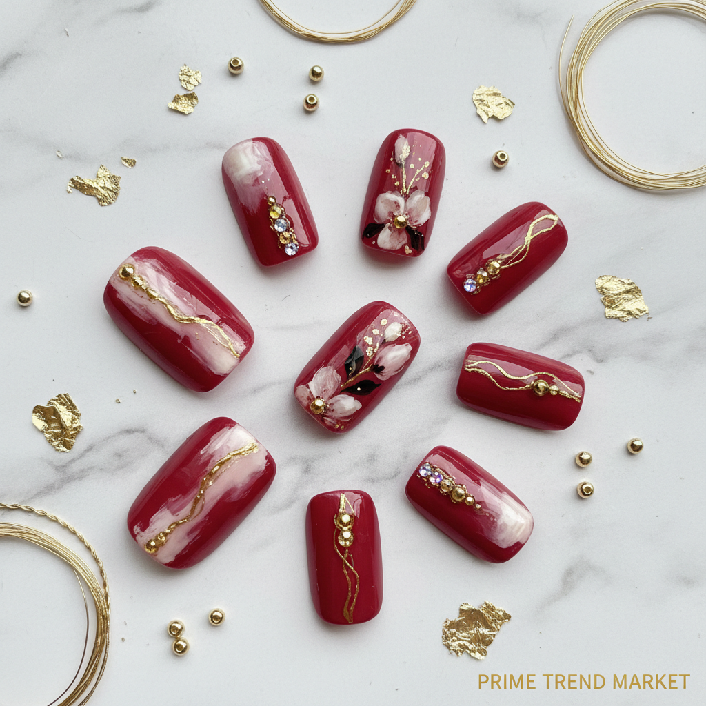 Rose Red Artistic Press-On Nails — Detachable Wearable Fake Nails | 24pcs + Glue — Prime Trend Market