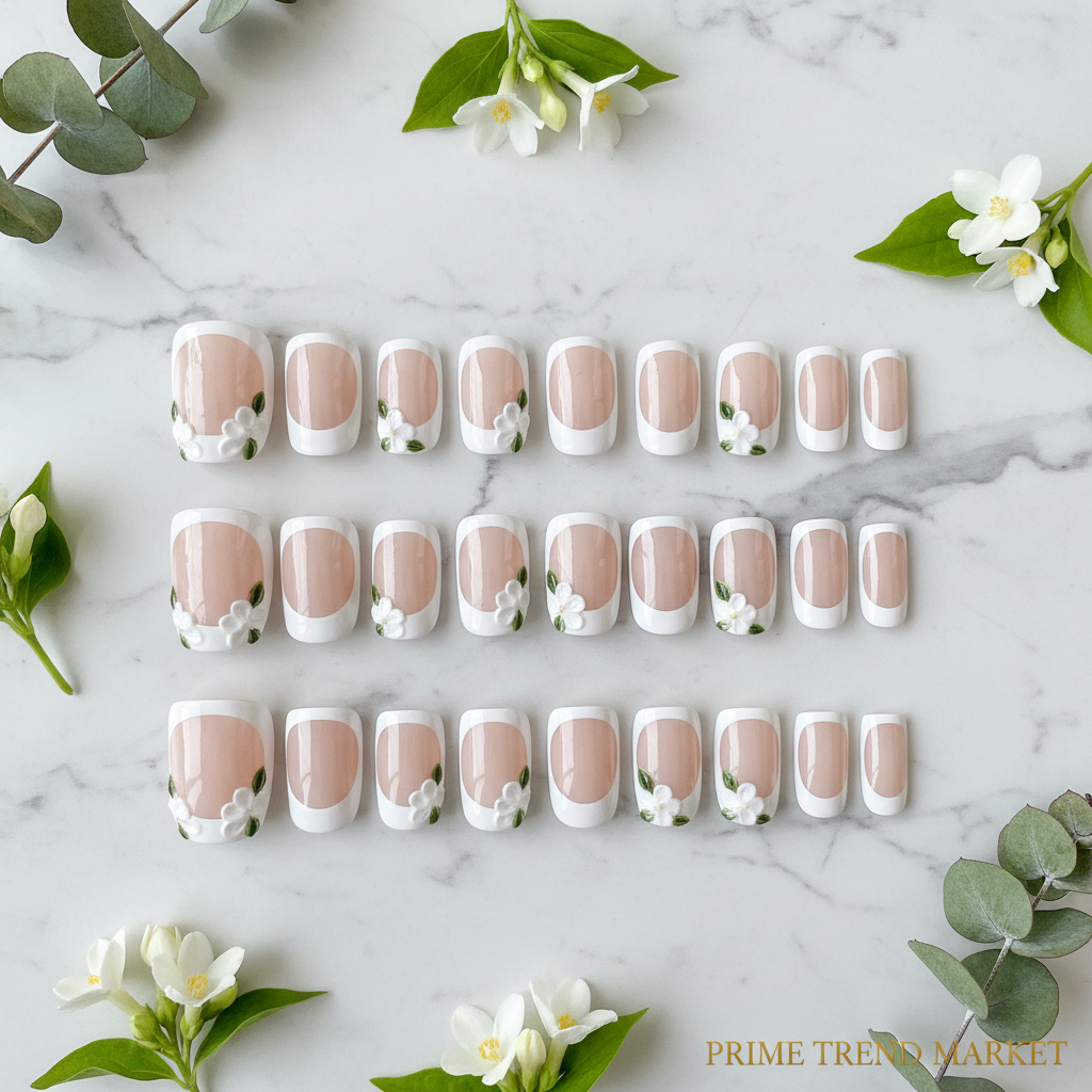 White Floral Press On Toenails — 24 PCS French Tip Short Square | Glue-On Fake Toe Nails for Women — Prime Trend Market