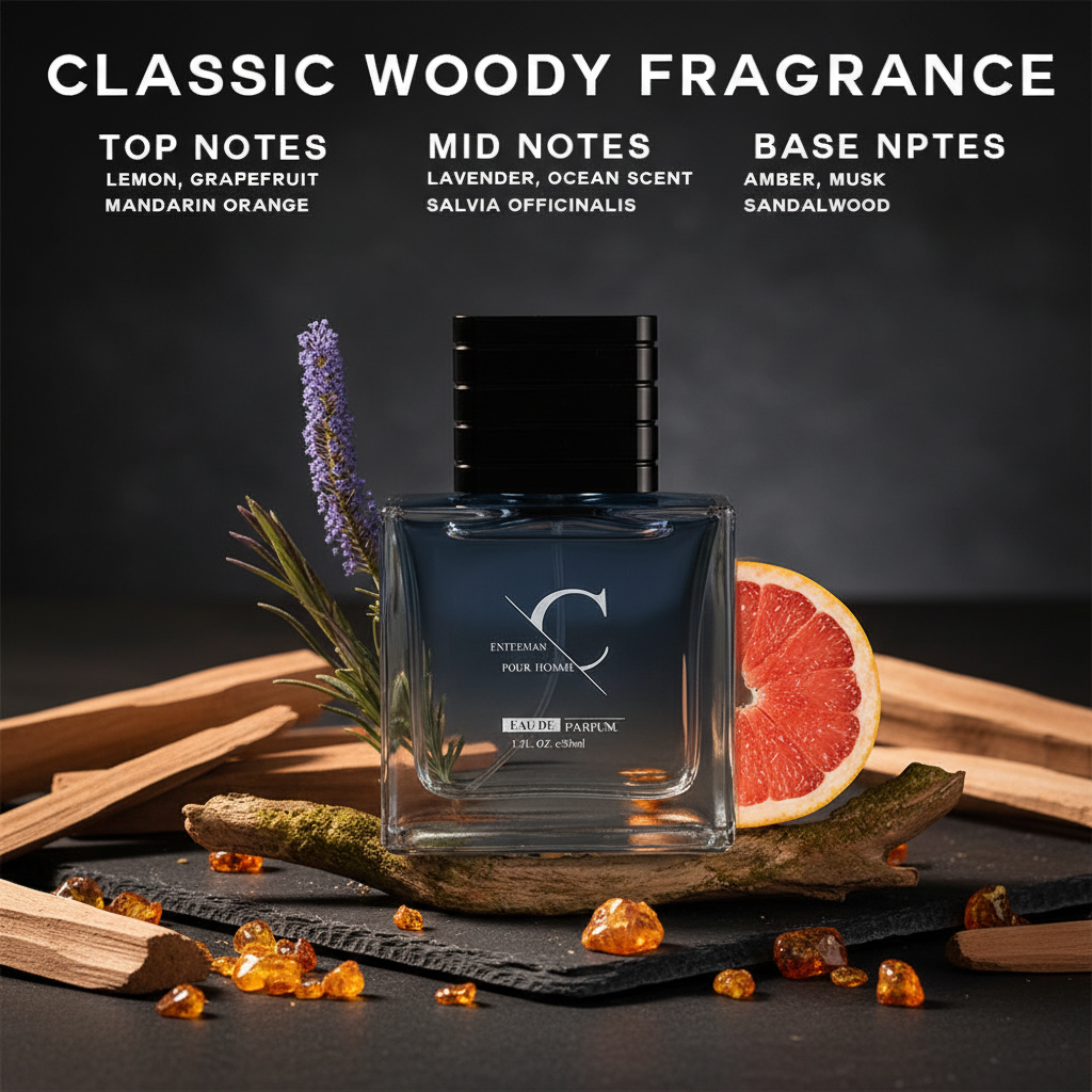 Classic Aromatic Cologne Spray 50ml on dark slate with sandalwood and amber crystals, moody warm lighting