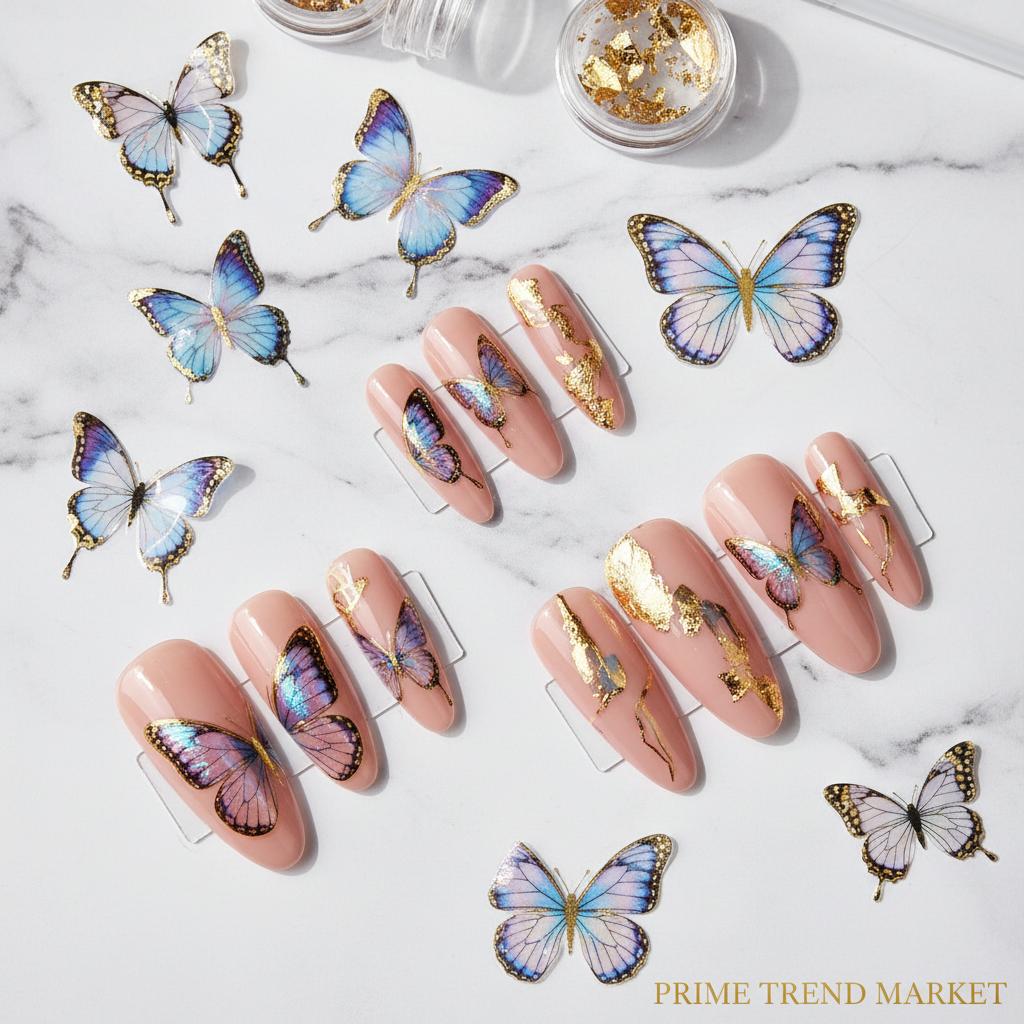Handmade UV Butterfly Nail Patches — Long Ladder Press-On Nails XS-L — Prime Trend Market