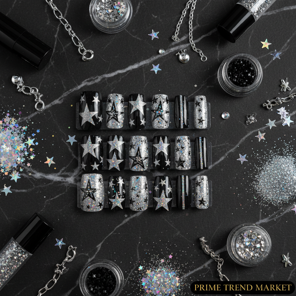 Black Silver Star Press-On Nails – 24 PCS Long Square Head Shape | Edgy Y2K Alt-Girl Design — Prime Trend Market