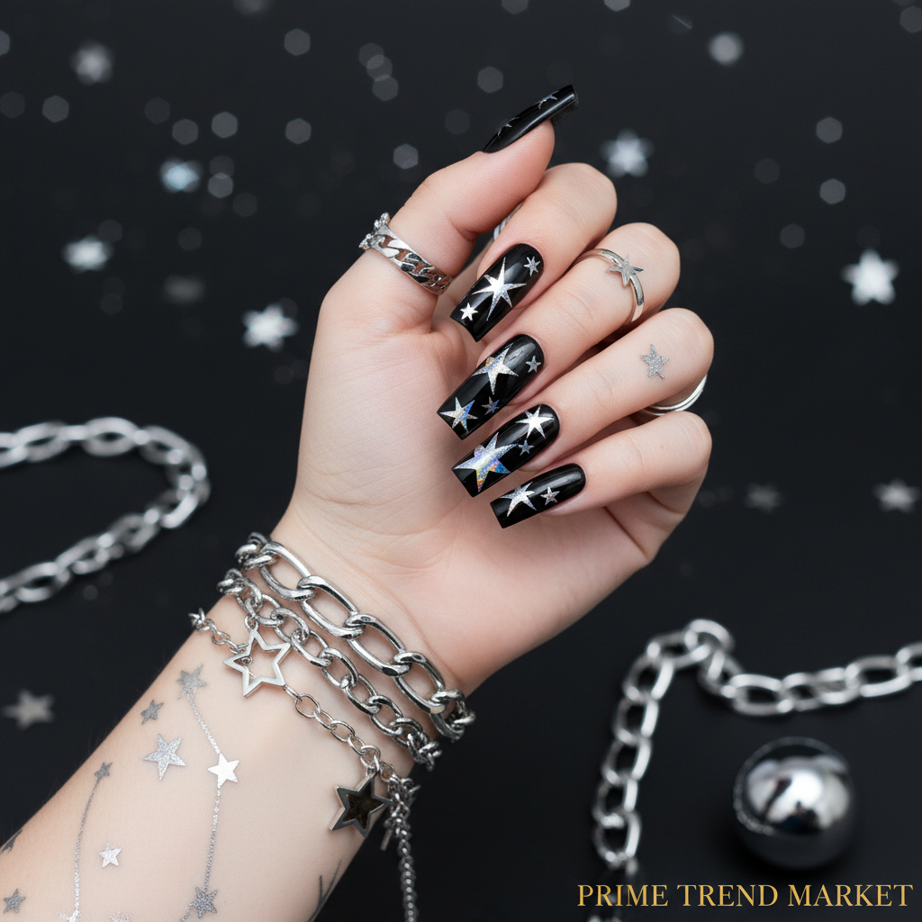Black Silver Star Press-On Nails – 24 PCS Long Square Head Shape | Edgy Y2K Alt-Girl Design — Prime Trend Market