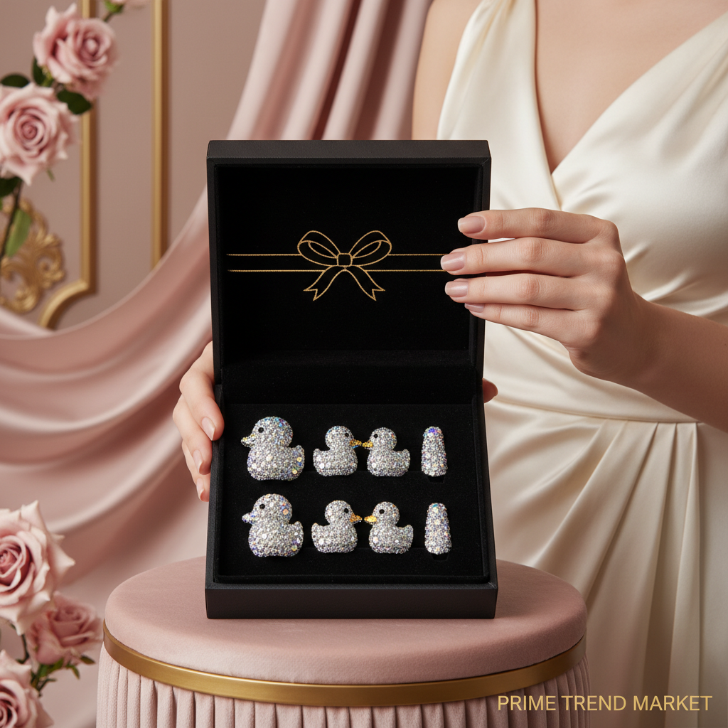 Full Diamond Duck Press-On Nails – 3D Crystal Aurora Edge | Handmade PMMA Acrylic, Gift Box — Prime Trend Market