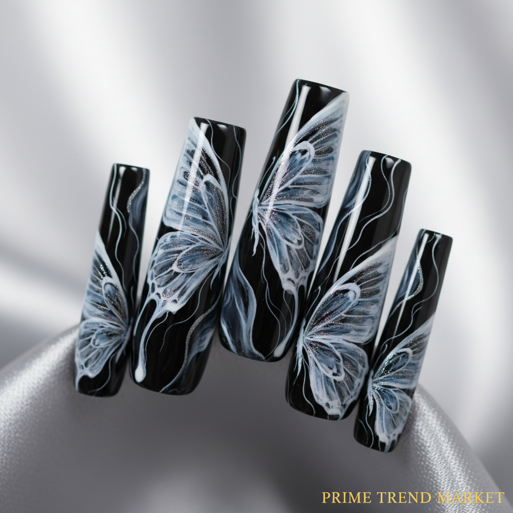 24 PCS Black P Ink Butterfly Nail Art, Long Length Long Water Pipe Fake Nails,Square Head Nail Tips False Nail — Prime Trend Market