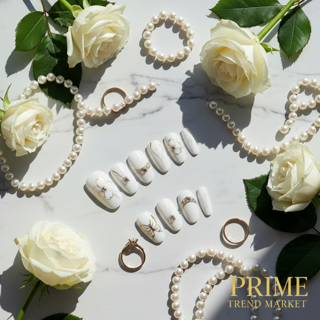 White Flower Diamond Butterfly Press-On Nails — 24 PCS Long Square, Bridal & Everyday Glam — Prime Trend Market